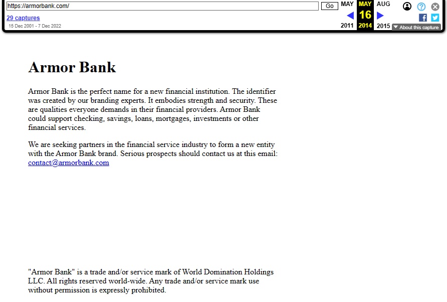 Screenshot of an archived Armor Bank web page showing use of the trademark