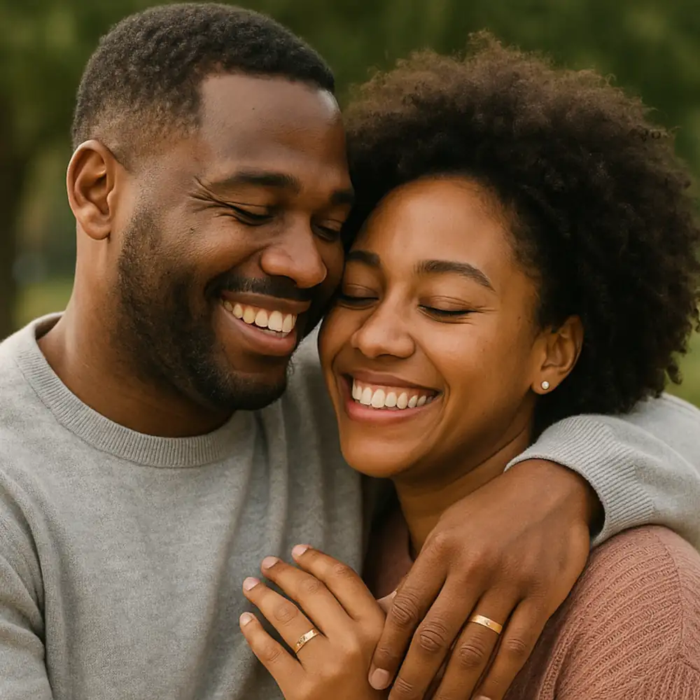 A happy couple standing arm in arm outdoors, wearing wedding rings, celebrating National Couple’s Day with Armor Bank supporting Good People.