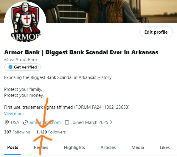 Armor Bank Twitter X Account Tops 1,000 Followers